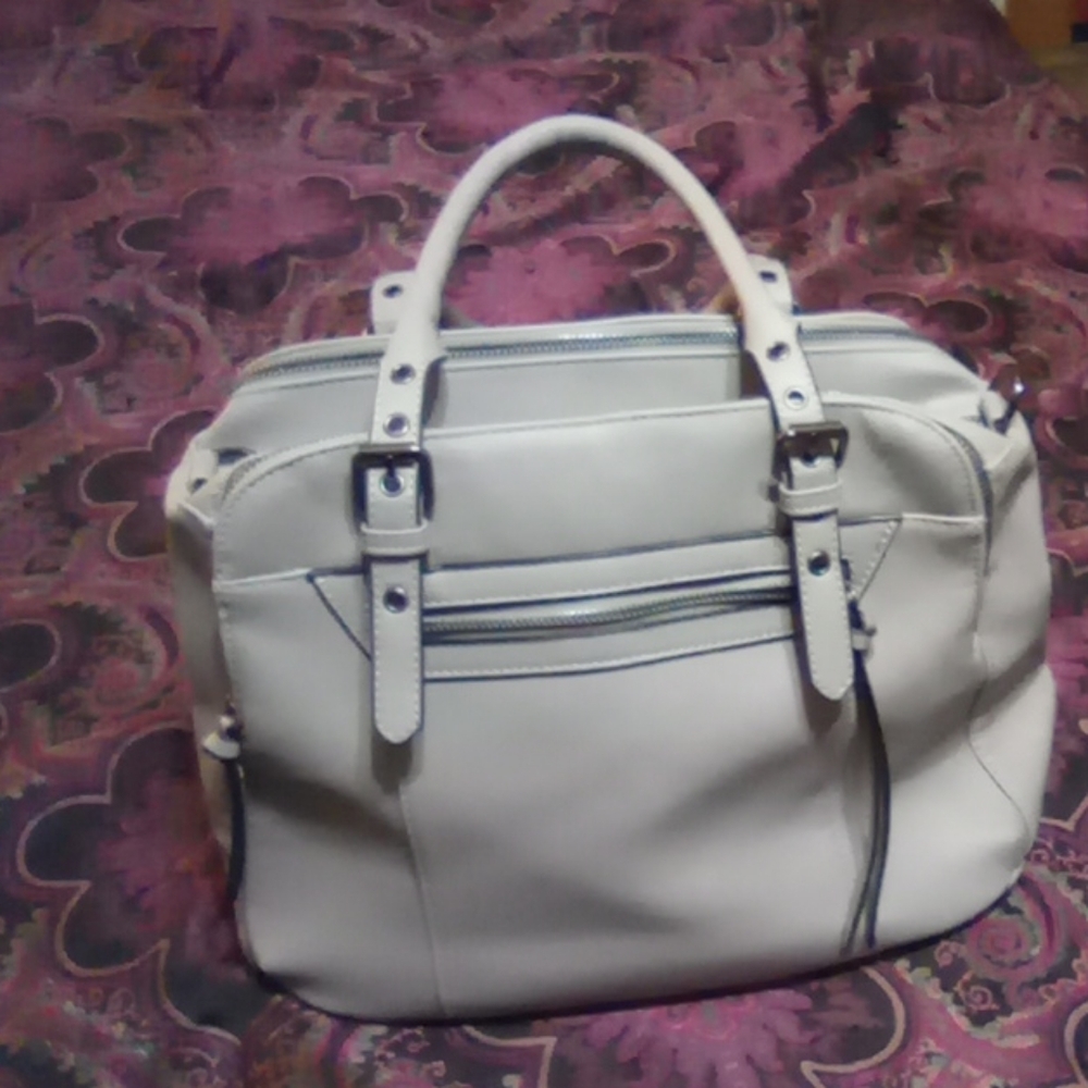 Gray leather purse.